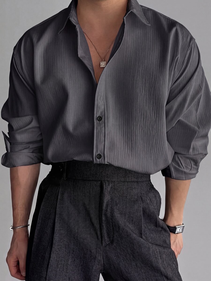Manfinity Hypemode Men's Versatile Button-Up Textured Business Shirt - Dark Grey - View 1