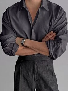 Manfinity Hypemode Men's Versatile Button-Up Textured Business Shirt - Dark Grey - View 5