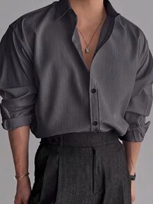 Manfinity Hypemode Men's Versatile Button-Up Textured Business Shirt - Dark Grey - View 4