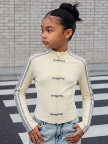 SHEIN 青少年女孩春夏針織運動風貼布飾拉鍊輕便夾克 - 杏色 - 查看 11