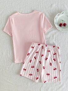SHEIN 2件組 青少年女孩櫻桃水果條紋滿版印花粉色短袖上衣與短褲 夏季修身居家服 - 粉色 - 查看 2