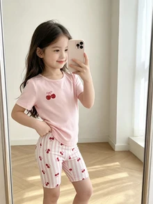 SHEIN 2件組 青少年女孩櫻桃水果條紋滿版印花粉色短袖上衣與短褲 夏季修身居家服 - 粉色 - 查看 6