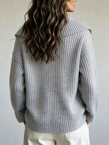 SHEIN Women's Autumn/Winter Minimalist Light Grey Turn Collar Half-Zip Ribbed Knit Long Sleeve Pullover Sweater Suitable For Daily Commute Casual Office - Grey - View 3