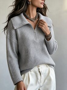 SHEIN Women's Autumn/Winter Minimalist Light Grey Turn Collar Half-Zip Ribbed Knit Long Sleeve Pullover Sweater Suitable For Daily Commute Casual Office - Grey - View 5