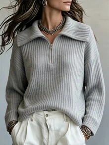 SHEIN Women's Autumn/Winter Minimalist Light Grey Turn Collar Half-Zip Ribbed Knit Long Sleeve Pullover Sweater Suitable For Daily Commute Casual Office - Grey - View 2