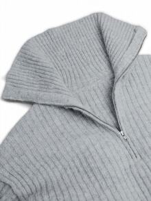 SHEIN Women's Autumn/Winter Minimalist Light Grey Turn Collar Half-Zip Ribbed Knit Long Sleeve Pullover Sweater Suitable For Daily Commute Casual Office - Grey - View 7
