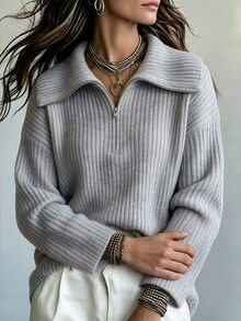 SHEIN Women's Autumn/Winter Minimalist Light Grey Turn Collar Half-Zip Ribbed Knit Long Sleeve Pullover Sweater Suitable For Daily Commute Casual Office - Grey - View 4