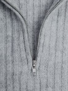 SHEIN Women's Autumn/Winter Minimalist Light Grey Turn Collar Half-Zip Ribbed Knit Long Sleeve Pullover Sweater Suitable For Daily Commute Casual Office - Grey - View 8
