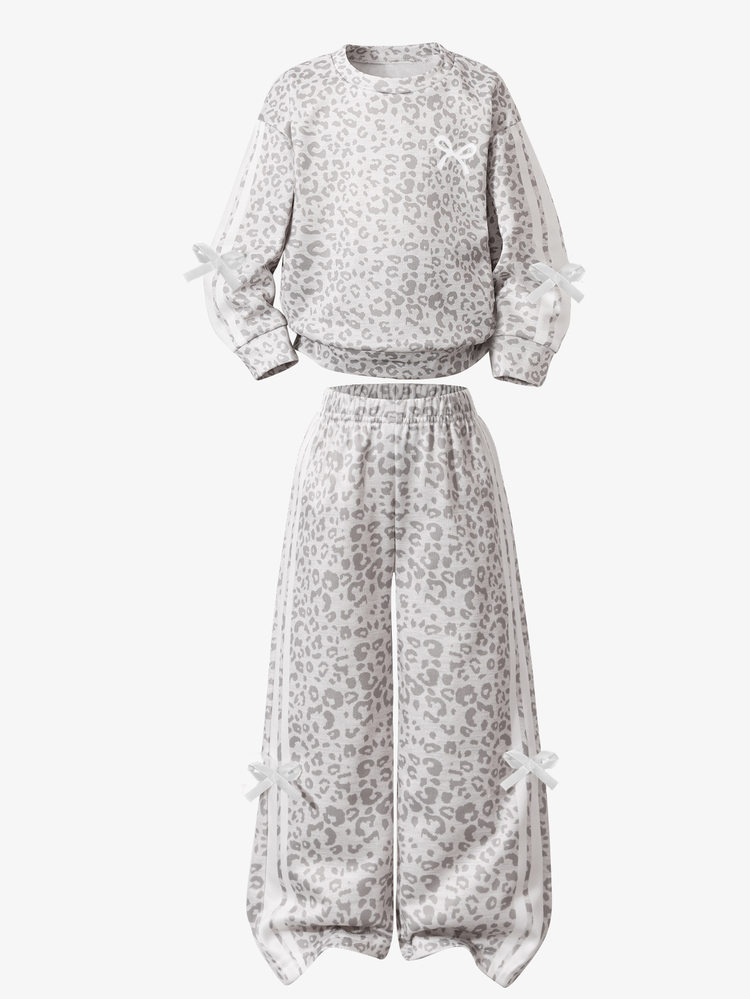 SHEIN Elladie kids Hot-Selling Autumn Girls 4-7 Years Old Grey Leopard Print Bow Sweatshirt Set, Long Sleeve Crew Neck Sweatshirt With Bow Decor Side Stripe Pants, INS S - Grey - View 7
