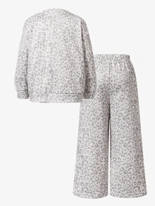 SHEIN Elladie kids 熱銷秋季女童 4-7 歲灰色豹紋蝴蝶結運動衫套裝，長袖圓領運動衫配蝴蝶結裝飾側條紋長褲，INS 風格 - 灰色 - 查看 2