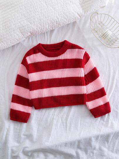 SHEIN Playful Pals Suéter infantil feminino casual de malha listrada em blocos de cores, manga comprida, outono/inverno.