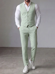Manfinity Mode Conjunto de chaleco y pantalón de traje unicolor para hombres de talla grande para bodas, vestimenta formal para hombres - Verde - Ver 3