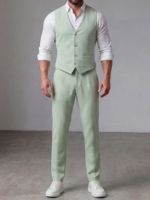 Manfinity Mode Conjunto de chaleco y pantalón de traje unicolor para hombres de talla grande para bodas, vestimenta formal para hombres - Verde - Ver 5