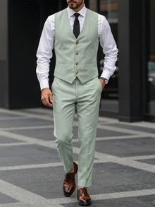 Manfinity Mode Conjunto de chaleco y pantalón de traje unicolor para hombres de talla grande para bodas, vestimenta formal para hombres - Verde - Ver 4