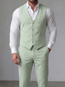 Manfinity Mode Conjunto de chaleco y pantalón de traje unicolor para hombres de talla grande para bodas, vestimenta formal para hombres - Verde - Ver 8