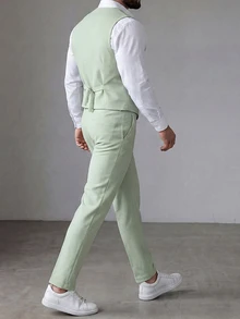 Manfinity Mode Conjunto de chaleco y pantalón de traje unicolor para hombres de talla grande para bodas, vestimenta formal para hombres - Verde - Ver 2