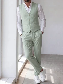 Manfinity Mode Conjunto de chaleco y pantalón de traje unicolor para hombres de talla grande para bodas, vestimenta formal para hombres - Verde - Ver 7