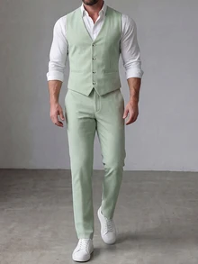 Manfinity Mode Conjunto de chaleco y pantalón de traje unicolor para hombres de talla grande para bodas, vestimenta formal para hombres - Verde - Ver 6