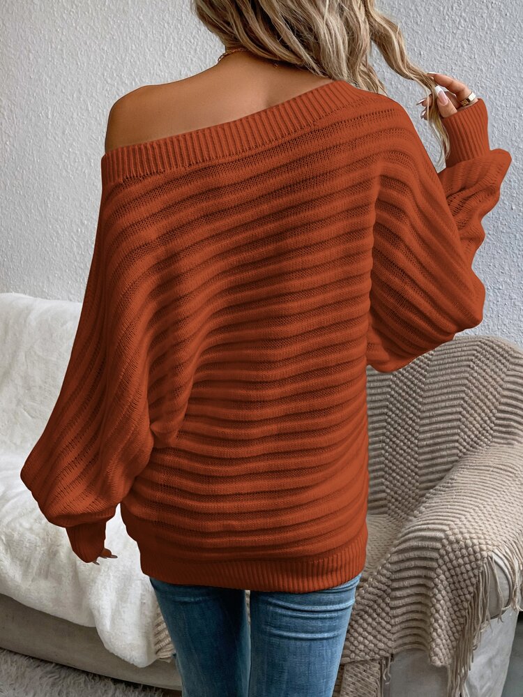 Easowa Boat Neck Batwing Sleeve Sweater In Autumn Brunch Everyday Burnt Orange Casual Simple - Rust Brown - View 2