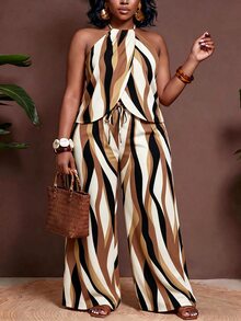 Slaydiva 2026 Spring/Summer Plus Size Women's Wedding Guest 2-Piece Set, Asymmetrical Abstract Striped Sleeveless Tie-Neck Slightly Loose Top And Wide Leg Pants - Multicolor - View 6