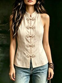 SHEIN New Chinese Style Handmade Frog Button Stand Collar Waist-Cinching Vest, Elegant Casual Vacation Style, Suitable For Daily Commute, Travel And Vacation Wear In Spring And Summer - Khaki - View 4