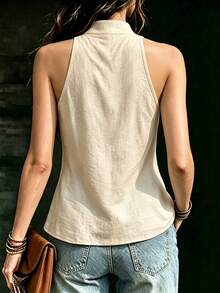 SHEIN New Chinese Style Handmade Frog Button Stand Collar Waist-Cinching Vest, Elegant Casual Vacation Style, Suitable For Daily Commute, Travel And Vacation Wear In Spring And Summer - Khaki - View 2