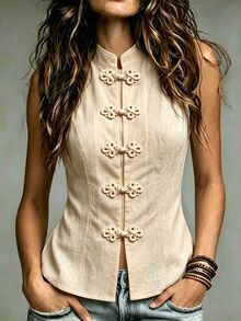 SHEIN New Chinese Style Handmade Frog Button Stand Collar Waist-Cinching Vest, Elegant Casual Vacation Style, Suitable For Daily Commute, Travel And Vacation Wear In Spring And Summer - Khaki - View 3