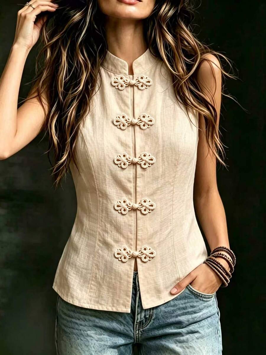 SHEIN New Chinese Style Handmade Frog Button Stand Collar Waist-Cinching Vest, Elegant Casual Vacation Style, Suitable For Daily Commute, Travel And Vacation Wear In Spring And Summer - Khaki - View 1