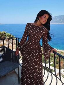 Aloruh Women's Polka Dot Pattern Round Neck Bell Sleeve Elegant Dress - Mocha Brown - View 4