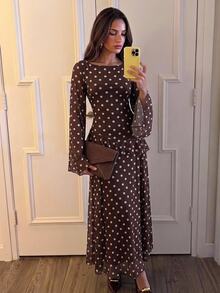 Aloruh Women's Polka Dot Pattern Round Neck Bell Sleeve Elegant Dress - Mocha Brown - View 3