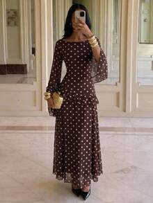 Aloruh Women's Polka Dot Pattern Round Neck Bell Sleeve Elegant Dress - Mocha Brown - View 7
