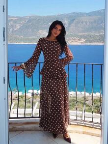 Aloruh Women's Polka Dot Pattern Round Neck Bell Sleeve Elegant Dress - Mocha Brown - View 5