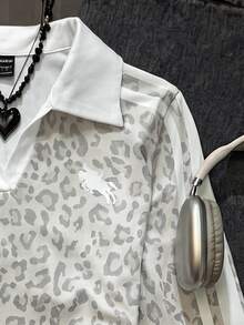 SHEIN Tween Girl Leopard Contrast Collar Tee - Grey - View 6