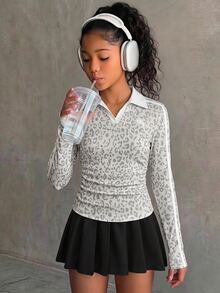 SHEIN Tween Girl Leopard Contrast Collar Tee - Grey - View 2