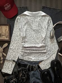 SHEIN Tween Girl Leopard Contrast Collar Tee - Grey - View 4