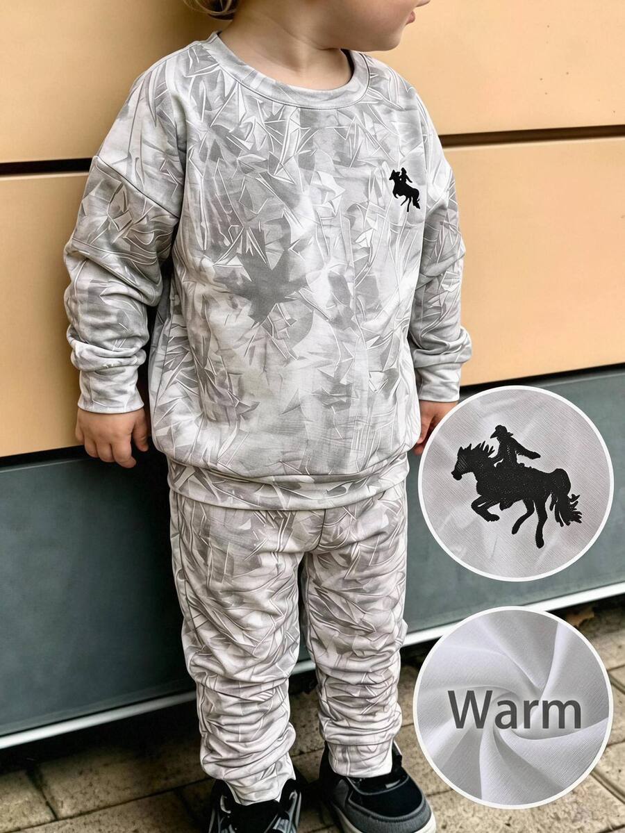 SHEIN Kids Young Boy Knit Soft Crew Neck Long Sleeve Pullover Sweatshirt And Elastic Waist Long Autumn Winter Pants 2 Pieces Set - Multicolor - View 1