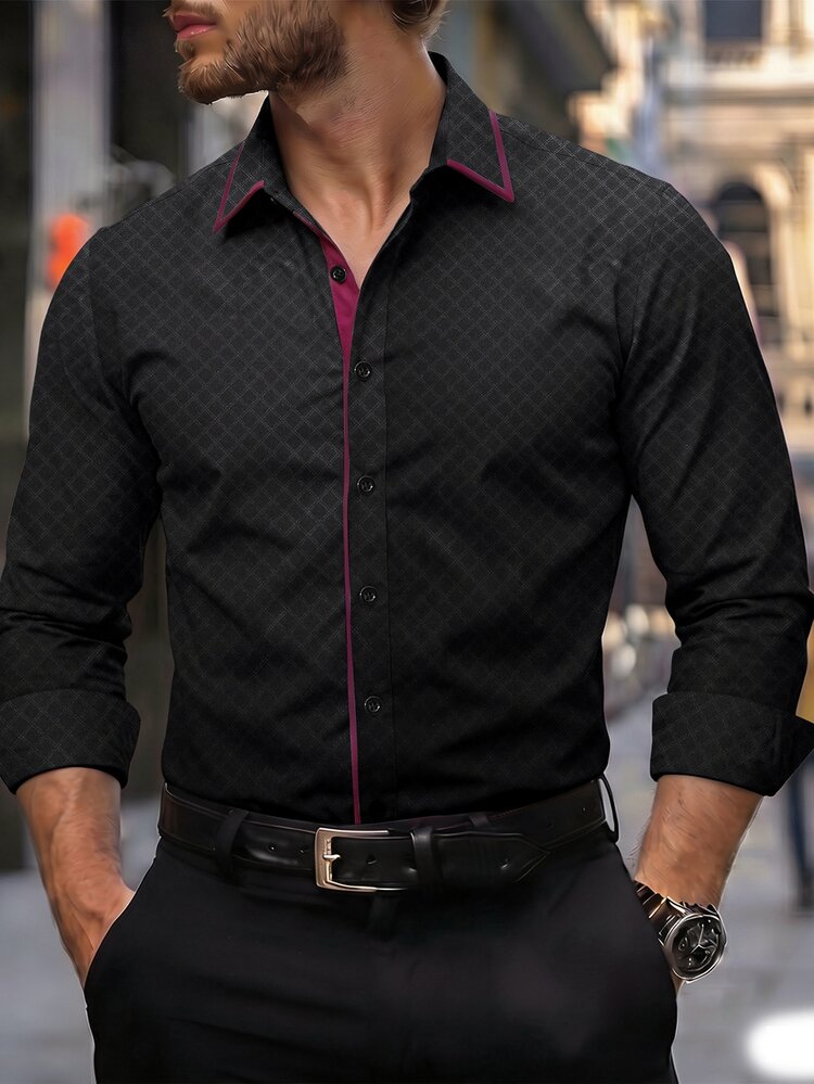 Core Aspect Men's Long Sleeve Colorblock Versatile Business Casual Shirt - Black - View 1