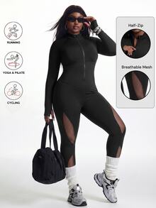 Innovista Innovista Women's Long Sleeve Mesh Panel Plus Size Sports Jumpsuit Gym Jumpsuit Workout Jumpsuit Sportswear Activewear Compression Body Shaping Booty Lift Fall - Black - View 1