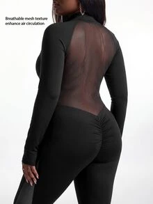 Innovista Innovista Women's Long Sleeve Mesh Panel Plus Size Sports Jumpsuit Gym Jumpsuit Workout Jumpsuit Sportswear Activewear Compression Body Shaping Booty Lift Fall - Black - View 6