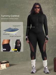 Innovista Innovista Women's Long Sleeve Mesh Panel Plus Size Sports Jumpsuit Gym Jumpsuit Workout Jumpsuit Sportswear Activewear Compression Body Shaping Booty Lift Fall - Black - View 9