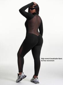 Innovista Innovista Women's Long Sleeve Mesh Panel Plus Size Sports Jumpsuit Gym Jumpsuit Workout Jumpsuit Sportswear Activewear Compression Body Shaping Booty Lift Fall - Black - View 3