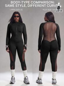 Innovista Innovista Women's Long Sleeve Mesh Panel Plus Size Sports Jumpsuit Gym Jumpsuit Workout Jumpsuit Sportswear Activewear Compression Body Shaping Booty Lift Fall - Black - View 2