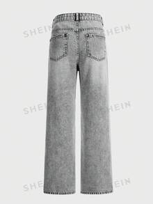 SHEIN 青少年女孩復古波希米亞都市風淺色水洗鬆緊腰直筒牛仔褲，平口袋設計，秋季款 - 淺灰色 - 查看 3
