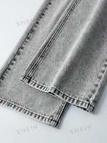 SHEIN 青少年女孩復古波希米亞都市風淺色水洗鬆緊腰直筒牛仔褲，平口袋設計，秋季款 - 淺灰色 - 查看 5
