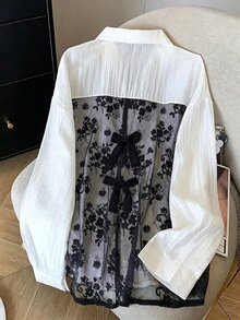 GlowEve CURVE Blus Ukuran Besar dengan Pita Renda di Bagian Belakang dan Kancing Berlubang - Hitam dan Putih - View 1