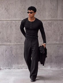 ESTAVOR Men's Solid Color Button Half-Placket Long Sleeve Casual T-Shirt - Black - View 8