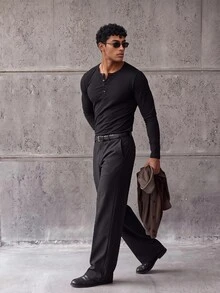 ESTAVOR Men's Solid Color Button Half-Placket Long Sleeve Casual T-Shirt - Black - View 9