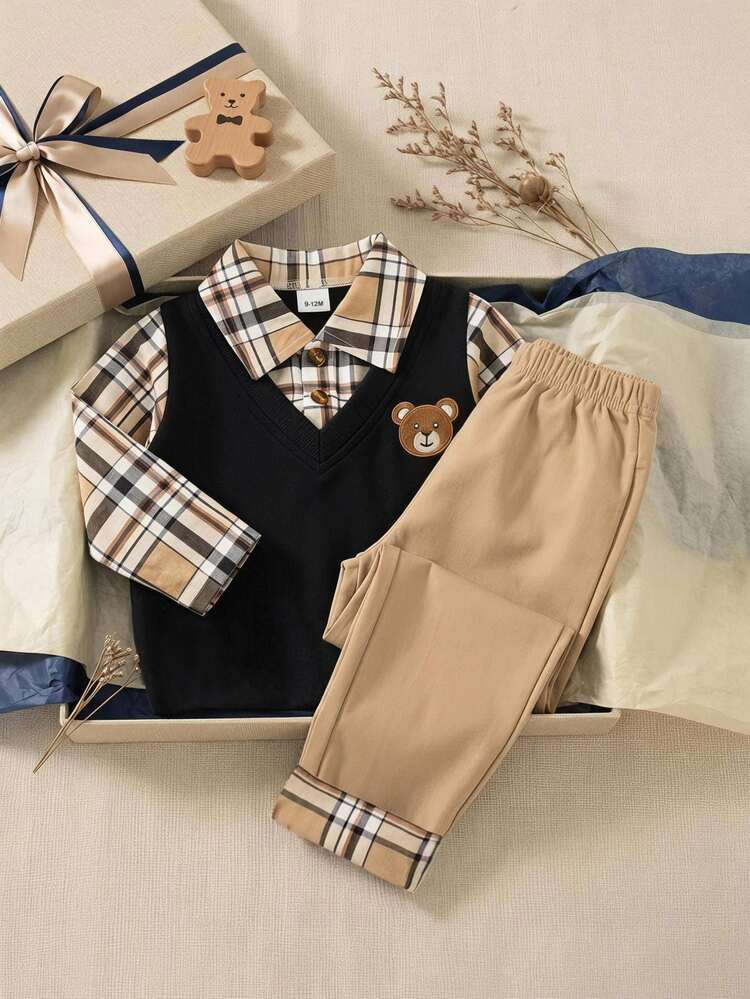 SHEIN Playful Pals Baby Boy Plaid Cartoon Pattern 2 In 1 POLO Shirt And Long Pants Casual Daily Outfit - Khaki - View 2