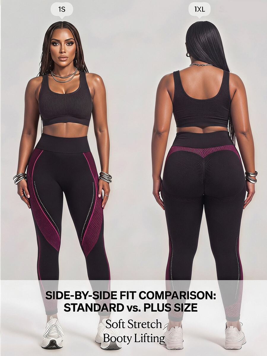 Innovista Innovista WWomen's Plus Size Seamless Wavy Striped Leggings High Waist Booty Lift High Stretch Squat Proof Compression Gym Yoga Running Activewear - Black - View 1