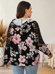 EMERY ROSE 女款大尺碼印花袖蕾絲拼接連帽衛衣 秋季穿搭 蕾絲飾邊連帽運動衫 休閒優雅 早午餐 正式場合 黑白配色 - 彩色 - 查看 5